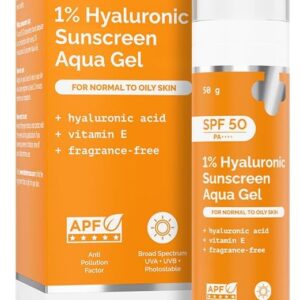 The Derma Co 1% Hyaluronic Sunscreen Aqua Gel with SPF 50 & PA++++ | Broad Spectrum UVA/B & Blue Light Protection | Lightweight & Quick Absorbing with Vitamin E | 1.76 Oz/50g