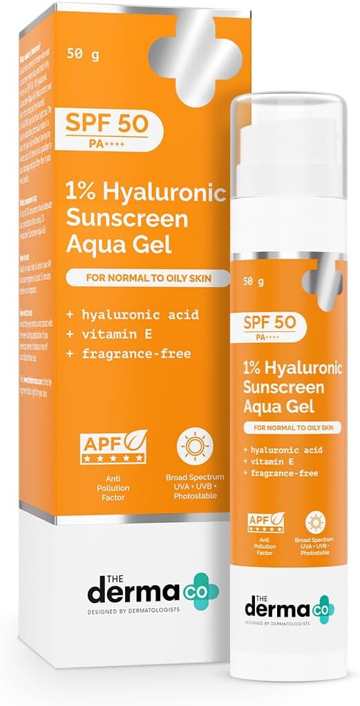 The Derma Co 1% Hyaluronic Sunscreen Aqua Gel with SPF 50 & PA++++ | Broad Spectrum UVA/B & Blue Light Protection | Lightweight & Quick Absorbing with Vitamin E | 1.76 Oz/50g