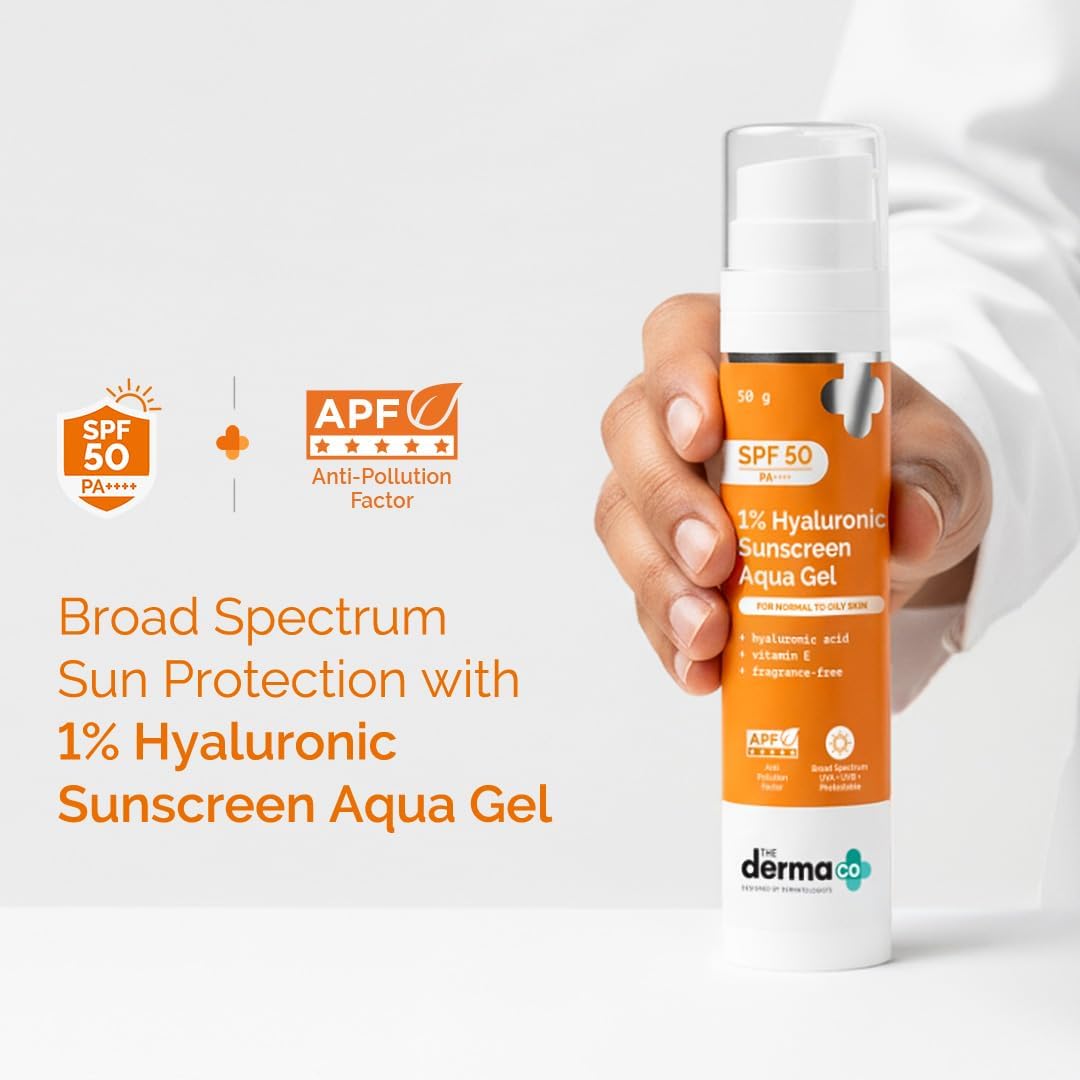 The Derma Co 1% Hyaluronic Sunscreen Aqua Gel with SPF 50 & PA++++ | Broad Spectrum UVA/B & Blue Light Protection | Lightweight & Quick Absorbing with Vitamin E | 1.76 Oz/50g - Image 3