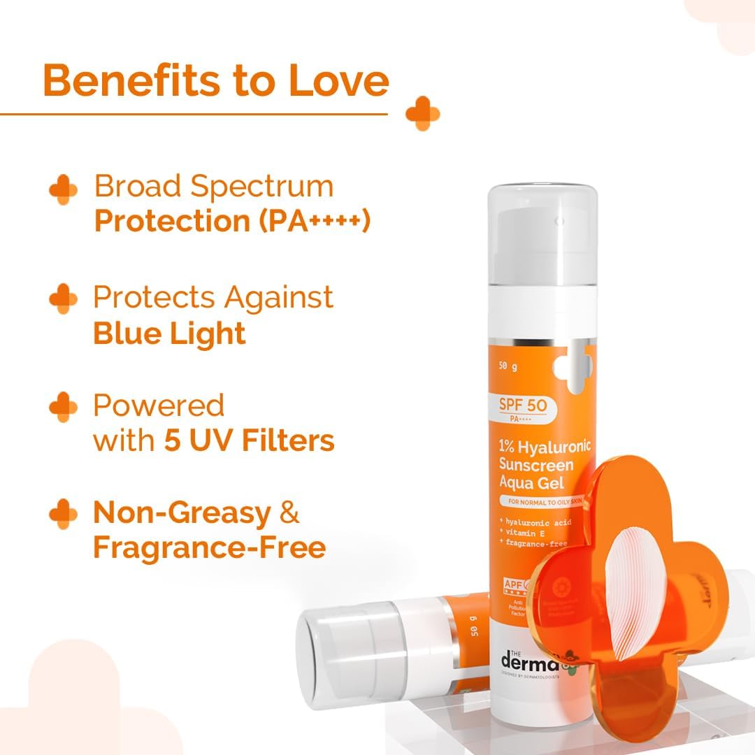 The Derma Co 1% Hyaluronic Sunscreen Aqua Gel with SPF 50 & PA++++ | Broad Spectrum UVA/B & Blue Light Protection | Lightweight & Quick Absorbing with Vitamin E | 1.76 Oz/50g - Image 5