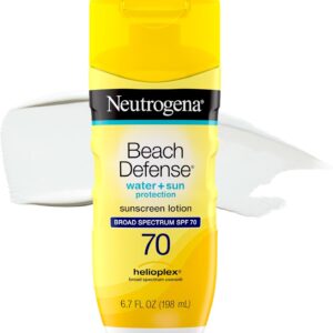 Neutrogena Beach Defense Sunscreen Lotion SPF 70 Broad Spectrum UVA UVB Protection Lightweight Water Resistant up to 80 Minutes Beach-Strength Sun Protection for Whole Family, 6.7 fl oz